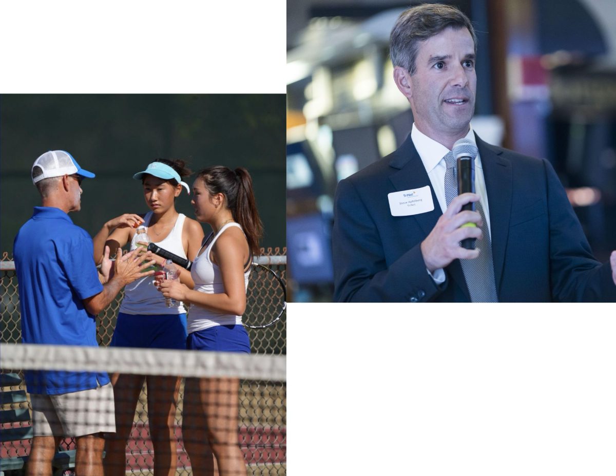 Left: Apfelberg coaches doubles partners seniors Maddie Chin and Miu Kikuchi at a tennis tournament. Right: Apfelberg speaks to his current and prospective customers at the New York Stock Exchange.
