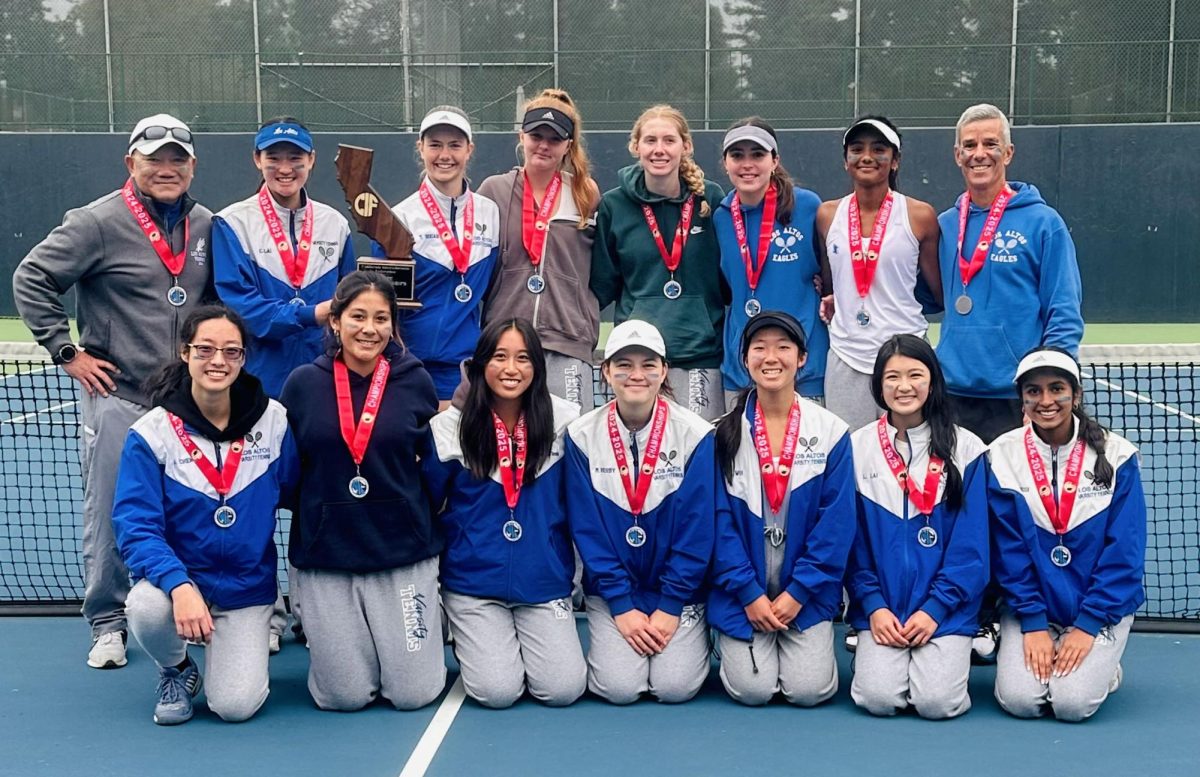 The varsity girls tennis team poses for a final group photo after ending their historic season, ranking number two statewide.