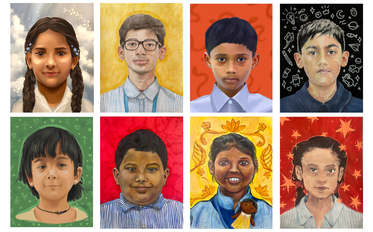 These portraits of underprivileged kids in India were made by Los Altos High School artists for the Memory Project in 2024.