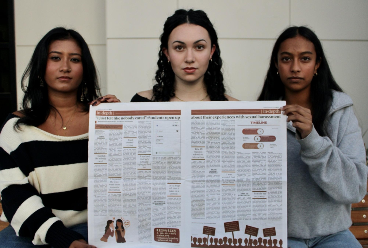 From left to right: MVHS senior Myesha Phukan, former Oracle staff Hanna Olson ‘24, and junior Renuka
Mungee worked on an in-depth article about sexual assault, which helped them earn the Courage award.