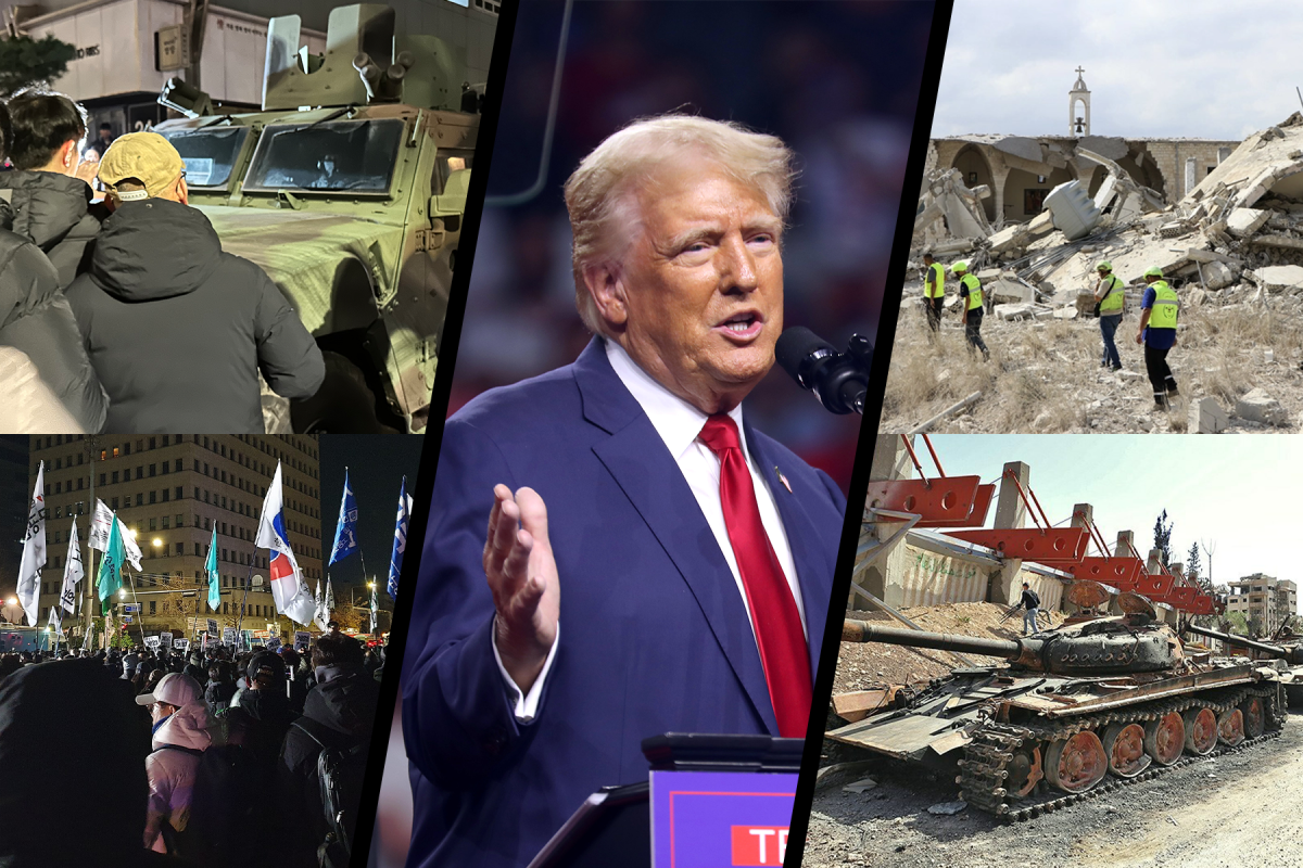 From left to right: People protesting martial law in Seoul, President-Elect Donald Trump speaks at a campaign rally, a destroyed church in Lebanon, and destroyed tanks in Syria.
Photos by 기여자, Hashflu, Gage Skidmore, Bilal Kashmar, and Fathi Nizam.
