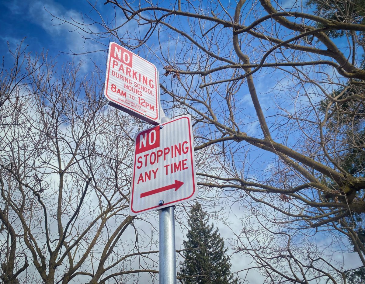 A parking regulation sign stands at the intersection between Los Ninos Way and Jardin Drive. These signs, erected in December, have been the center of recent community-wide discussions about student parking — a long-time issue that’s finally come to a head.
