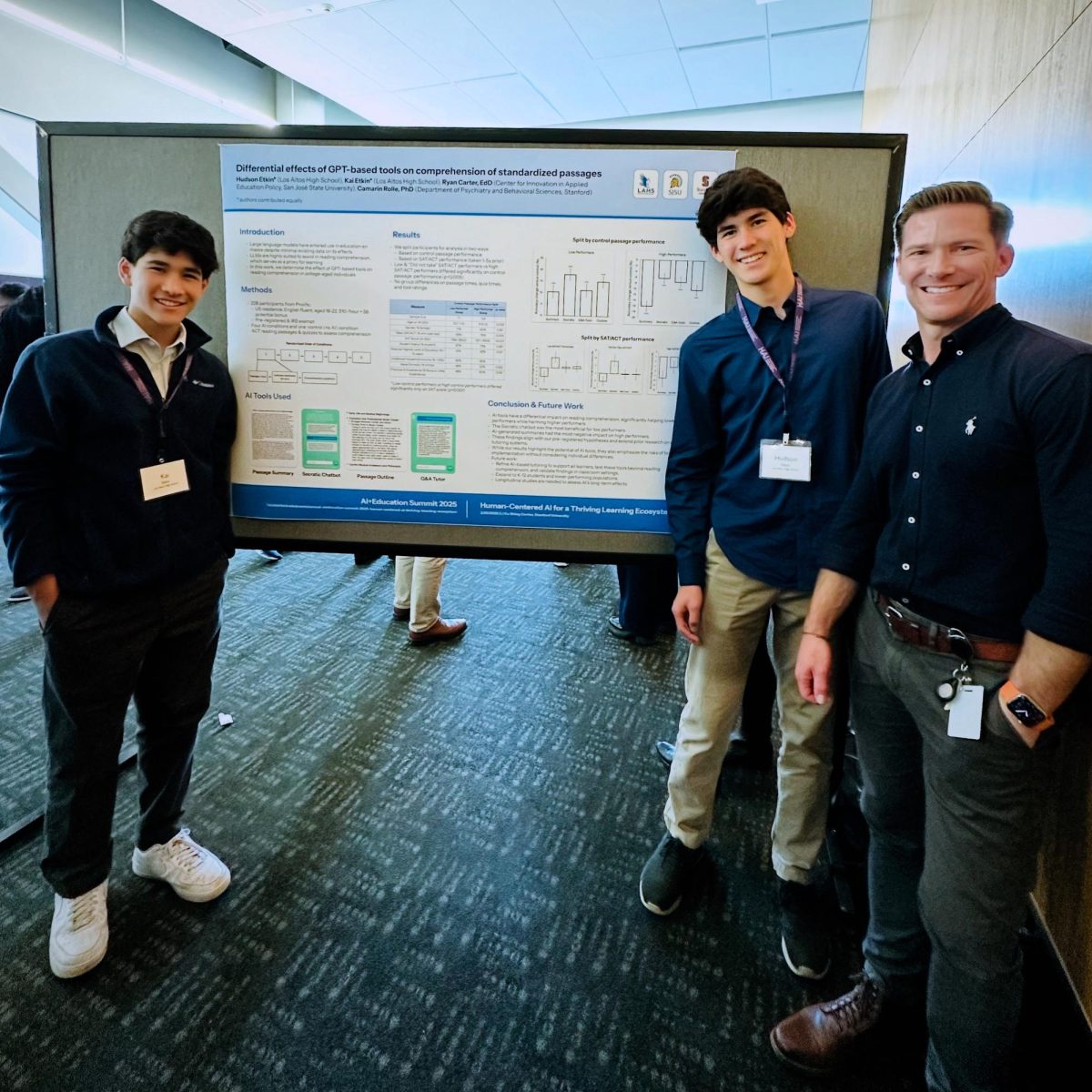 Sophomore Kai Etkin, senior Hudson Etkin, and their mentor Dr. Ryan Carter present their study at a Stanford AI-education conference.
