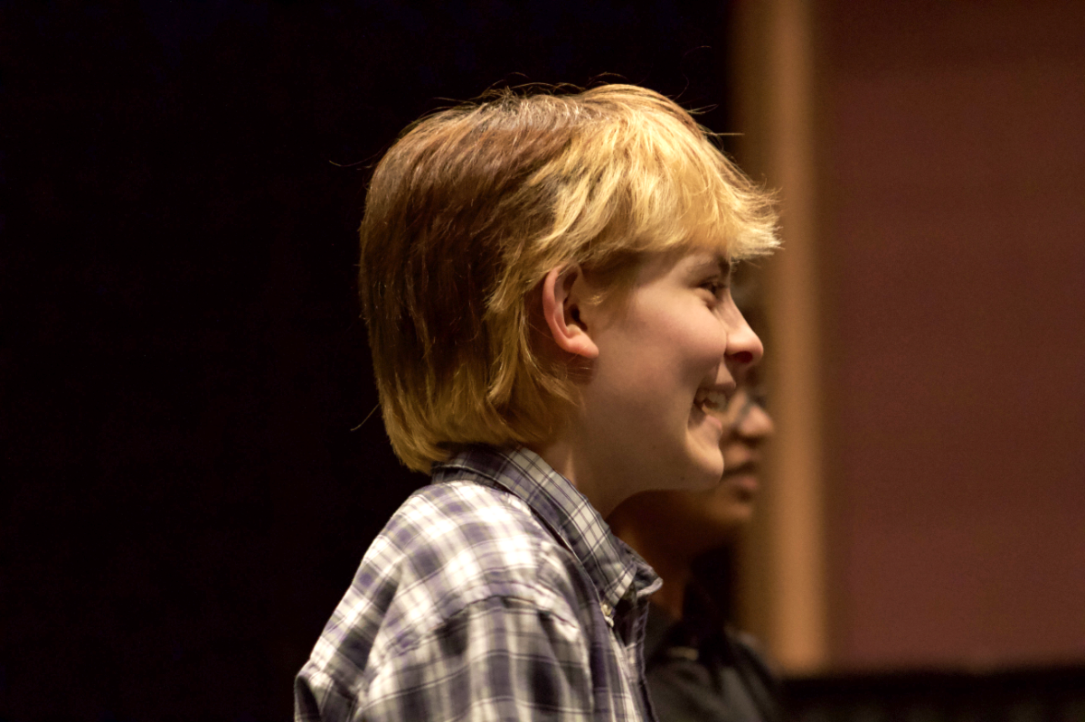 Junior Kaiden Luis leads rehearsal during their first night at the venue. The
combination of his vision and actor talent has turned “Sonia Flew” alive.