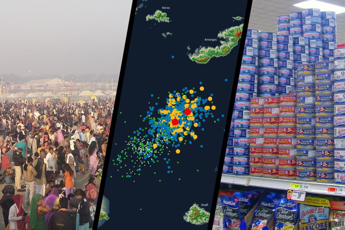 From left to right: Religious devotees at the Maha Kumbh Mela, map of the earthquakes detected in Greece from January 27 to February 5, and cans of tuna for sale in a store. Photos via creative commons by Arya Joshi, OptimusPrimeBot and Daniel Case.
