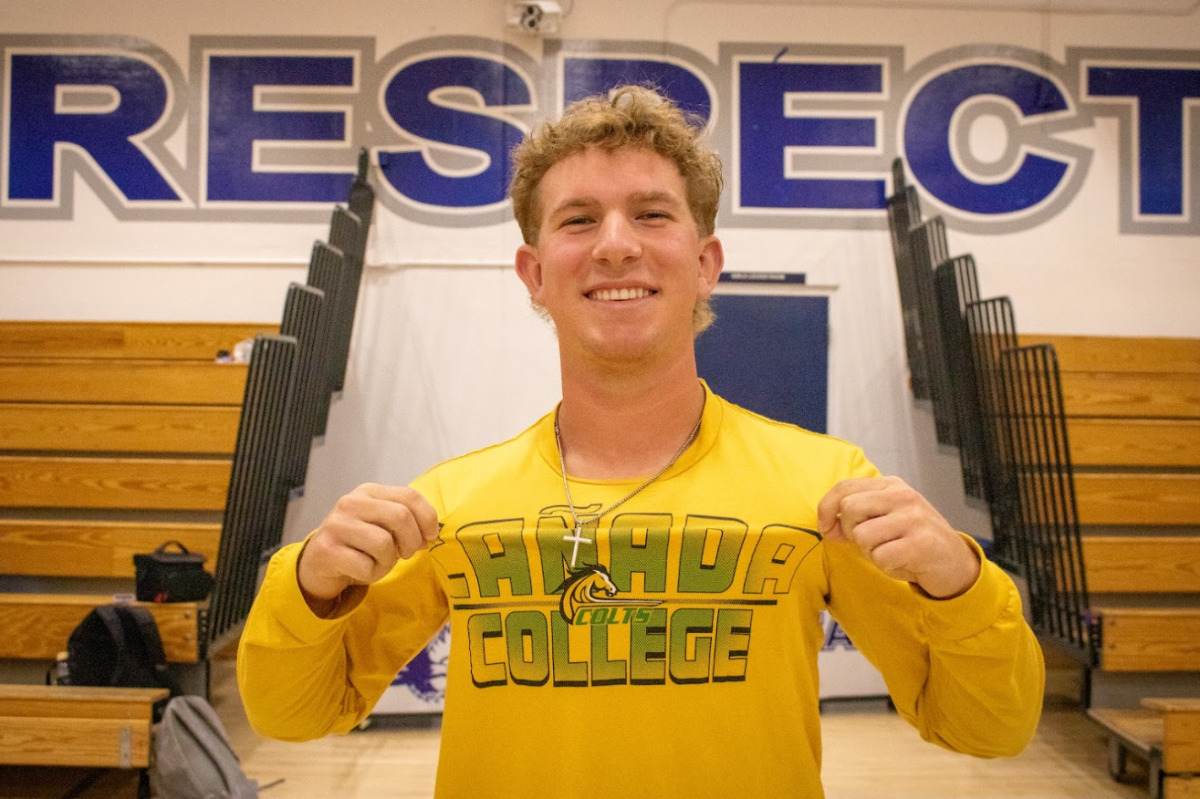 Senior Kyle McKinney shows off his Cañada College commitment hoodie at the recruited athletes signing event on April 16.