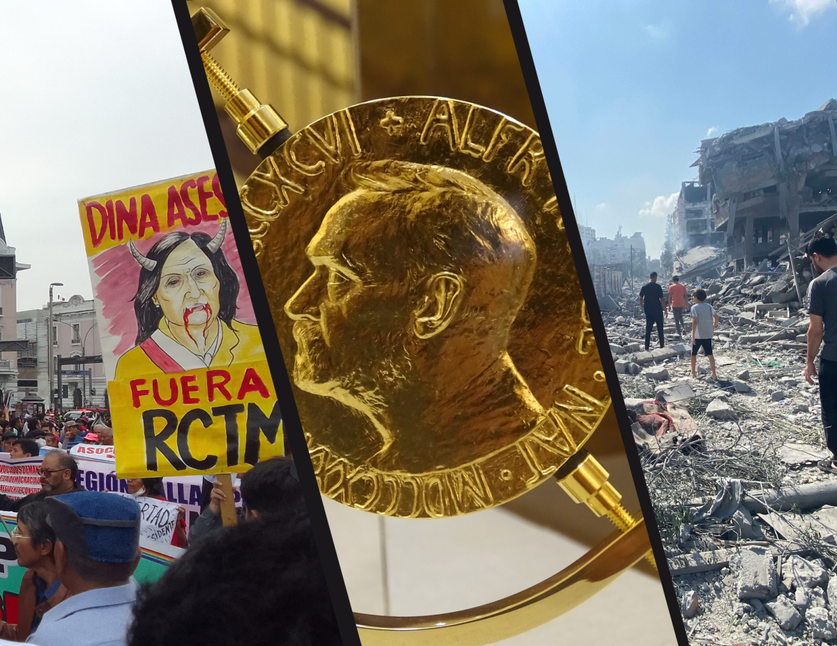 Recently, an Israel-Hamas war ceasefire took place, the Nobel prize winners were announced and the Peruvian president was removed from office. (Photo illustration by Jade Palatnik. Photos by Quispe Keen, Adam Jones, and Palestinian News & Information Agency (Wafa) in contract with APAimages.)