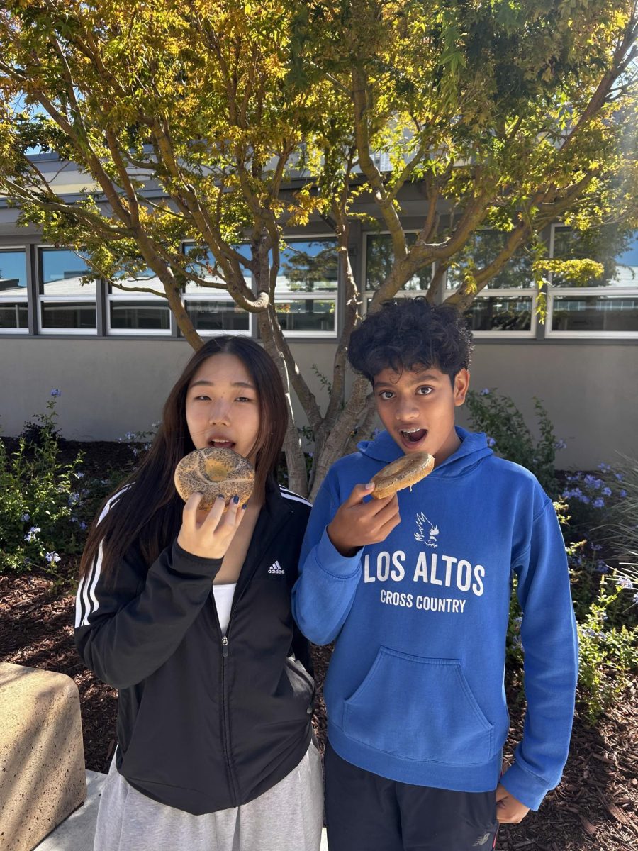 Talon staff writers junior Athan Joshi and junior Jisoo Hur pretend to eat their bagels for the camera. In this edition of “The Winner Is,” staff writer junior Kate Rose, Athan and Jisoo tried and rated bagels from different stores.