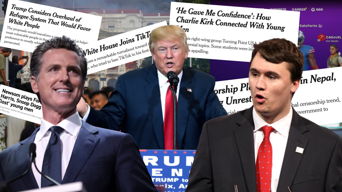 Gavin Newsom, Donald Trump and Charlie Kirk (left to right) have each built influential platforms on social media that allow them to shape public perception beyond traditional news outlets. Their online presence blurs the line between political messaging and entertainment, influencing how audiences — especially teenagers — consume and respond to that information.