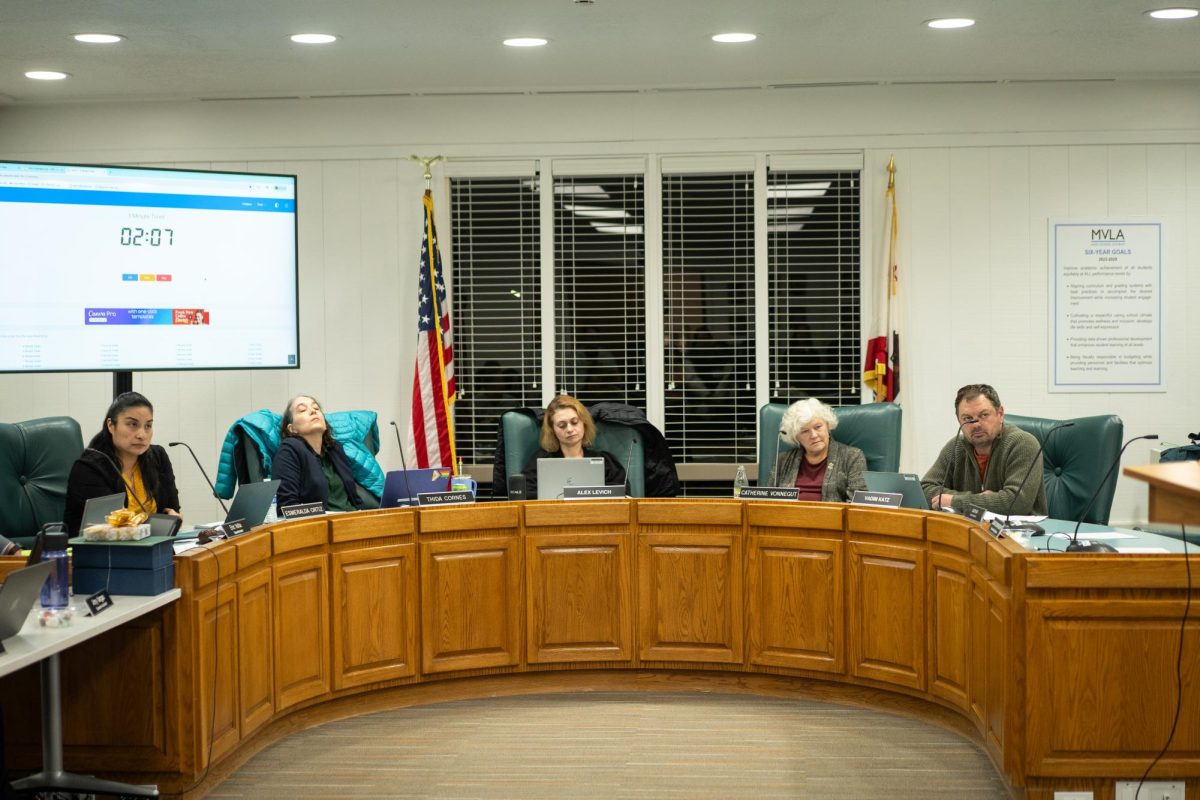 The Mountain View–Los Altos Board of Trustees discuss the future of the freshmen Ethnic Studies course at a board meeting on Oct. 27. The class will now shift to a one-semester format, reversing the district’s previous decision to offer it as a yearlong course.