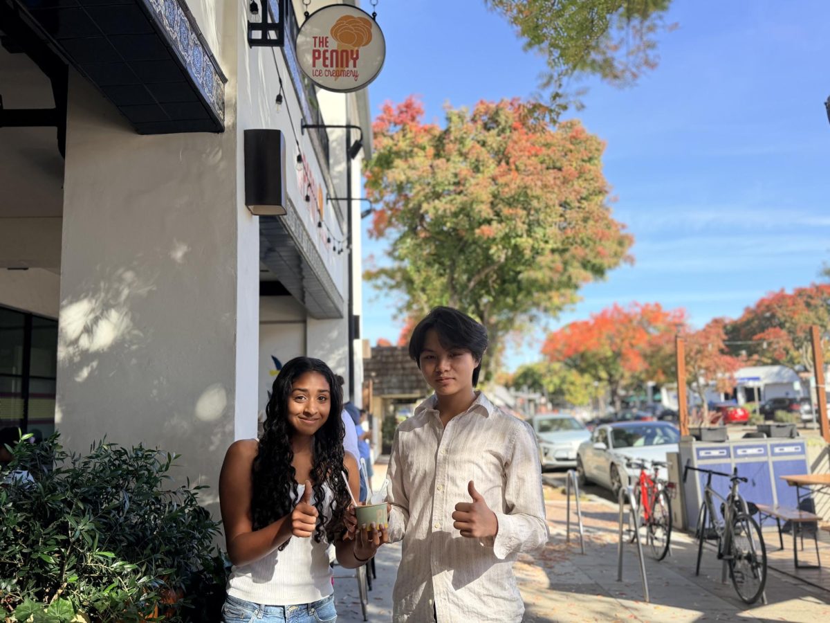 Talon staff writer junior Alek Ding and News Editor Michelle Jacob hold a cup of ice cream outside Penny Ice Creamery. In this edition of “The Winner Is,” staff writer junior Kate Rose, Alek and Michelle tried and rated ice cream from different stores.