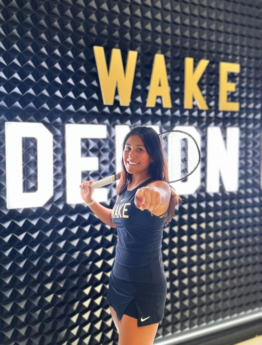 Senior Bella Mariona shows off her hard work over her high school career in her new Wake Forest University swag. The Wake Forest campus, academics and tennis program drew her to her future in Winston-Salem. 
