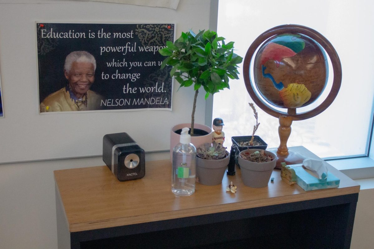 Ethnic Studies teacher Katherine Orozco’s classroom features a poster of Nelson Mandela near the window. Following the Mountain View-Los Altos Board decision to reduce the credit requirement, current freshmen are now allowed to drop the course.
