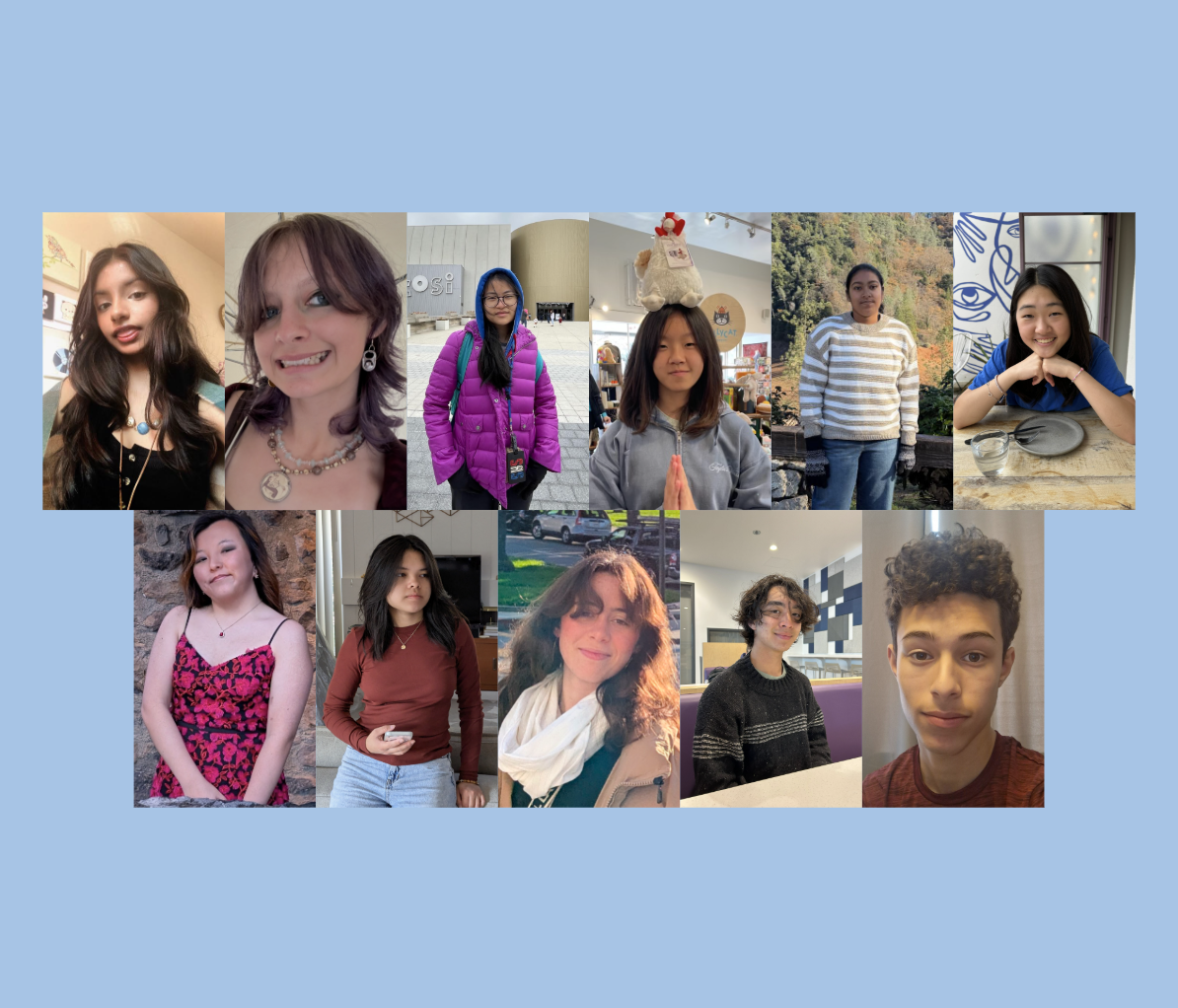 From left to right, top to bottom: The poets in this year’s Poetry Slam are Ayesha Aggarwal, Cielle Brannin-Mooser, Zoe Cheng, Jungsoo Hahn, Akshita Jain, Caila Kim, Ella Omura, Beatrix Poon, Nora Saraci-Alonso, Kai Teter and Luis Zuniga. This is the second annual Poetry Slam since its shift to a non-competitive format, which was spearheaded by the Poetry Club.