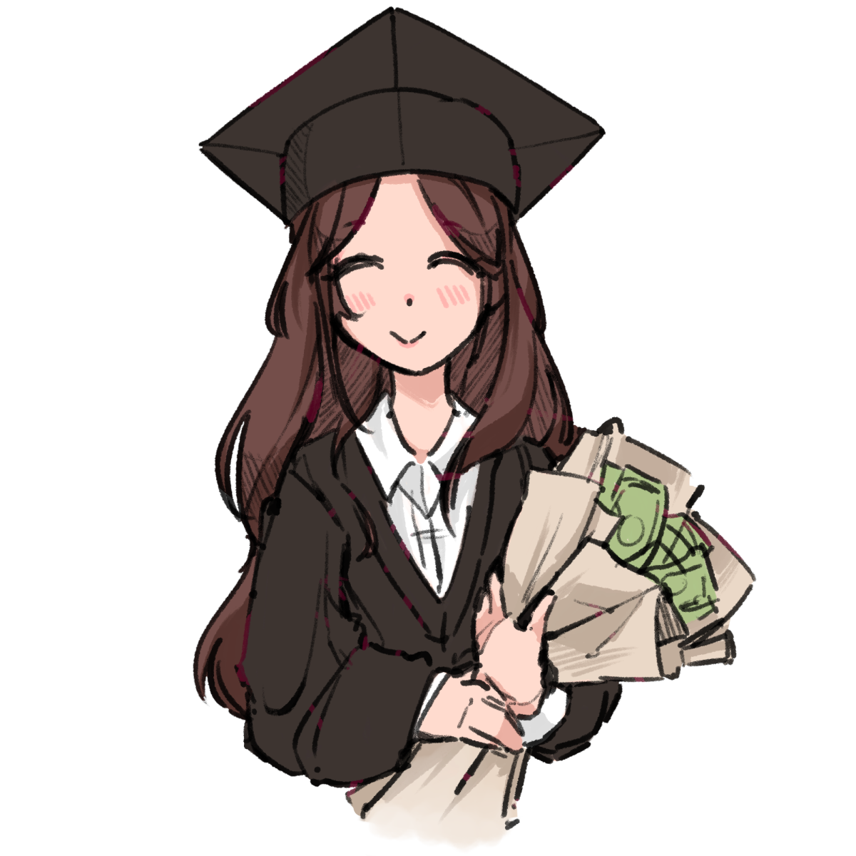 A graduate in her cap and gown smiles after recieving her diploma.
